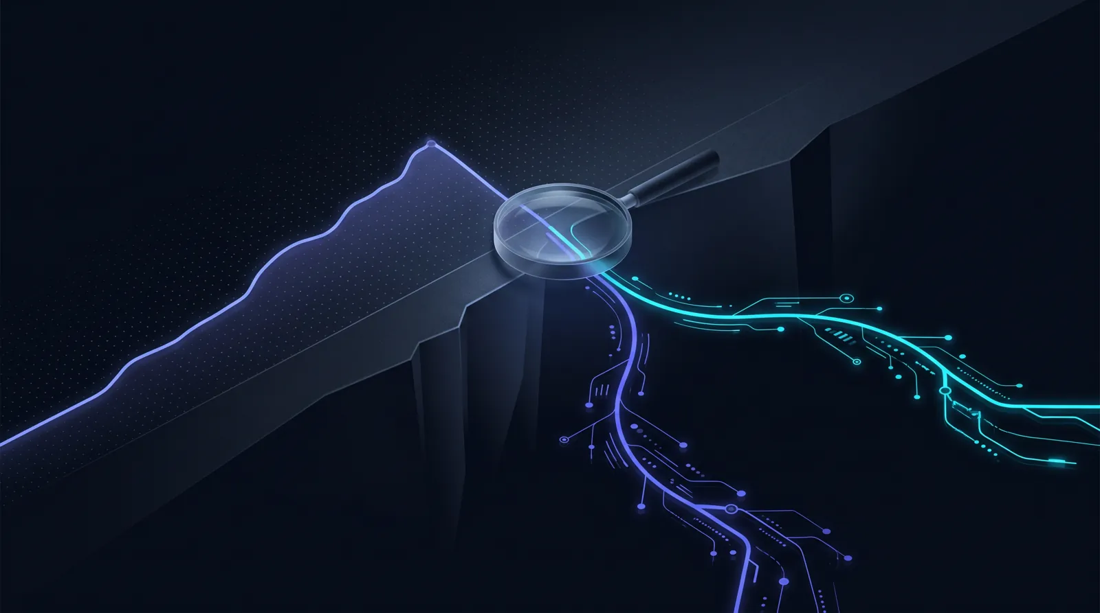 A traffic graph dropping off a cliff, examined by a lens that splits into two diagnostic paths